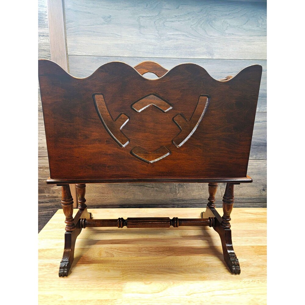 Vintage Brown Wooden Book Stand Holder w/ Metal Feet, 21in H x 18in L